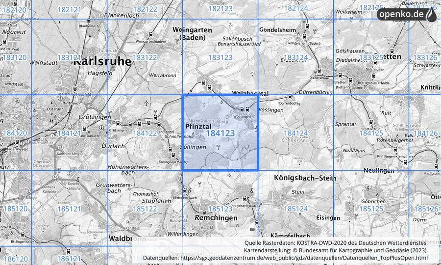 Übersichtskarte des KOSTRA-DWD-2020-Rasterfeldes Nr. 184123