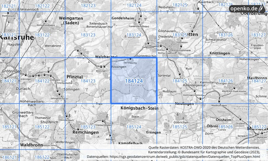 Übersichtskarte des KOSTRA-DWD-2020-Rasterfeldes Nr. 184124