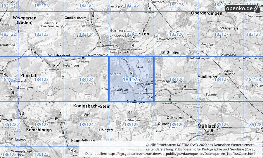 Übersichtskarte des KOSTRA-DWD-2020-Rasterfeldes Nr. 184125