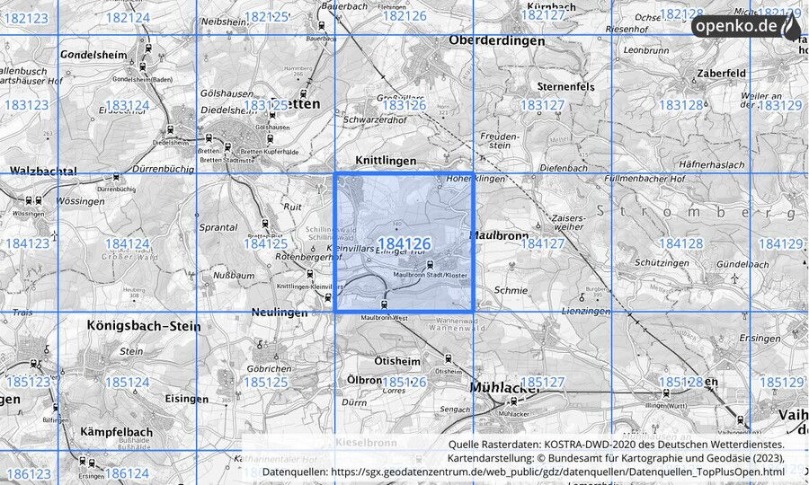 Übersichtskarte des KOSTRA-DWD-2020-Rasterfeldes Nr. 184126