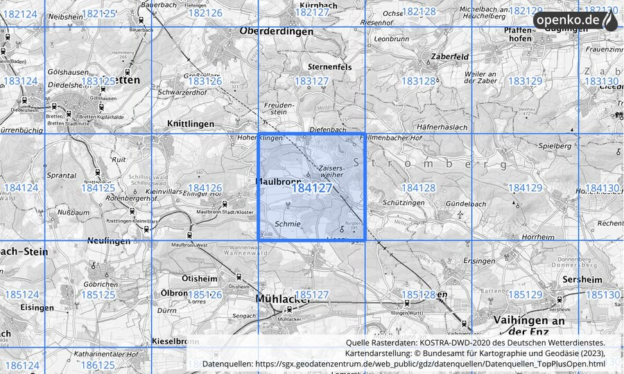 Übersichtskarte des KOSTRA-DWD-2020-Rasterfeldes Nr. 184127