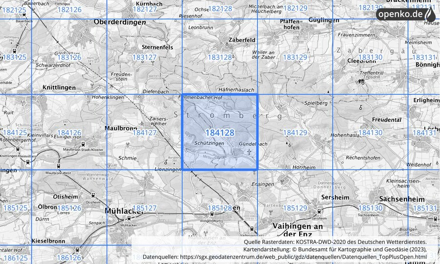 Übersichtskarte des KOSTRA-DWD-2020-Rasterfeldes Nr. 184128