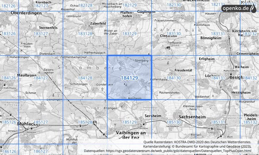Übersichtskarte des KOSTRA-DWD-2020-Rasterfeldes Nr. 184129