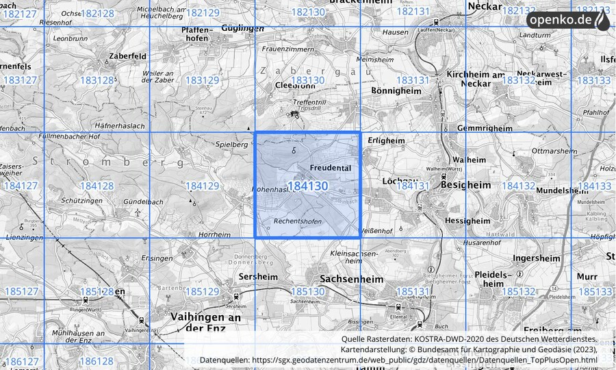 Übersichtskarte des KOSTRA-DWD-2020-Rasterfeldes Nr. 184130