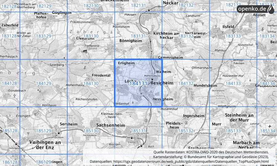 Übersichtskarte des KOSTRA-DWD-2020-Rasterfeldes Nr. 184131