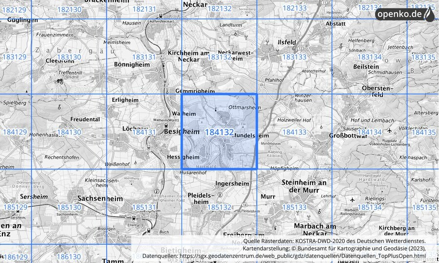 Übersichtskarte des KOSTRA-DWD-2020-Rasterfeldes Nr. 184132