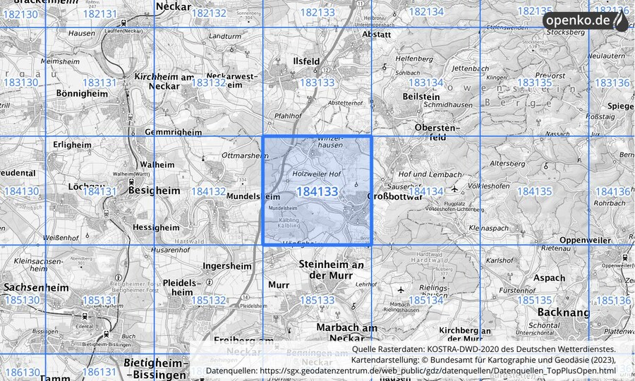 Übersichtskarte des KOSTRA-DWD-2020-Rasterfeldes Nr. 184133