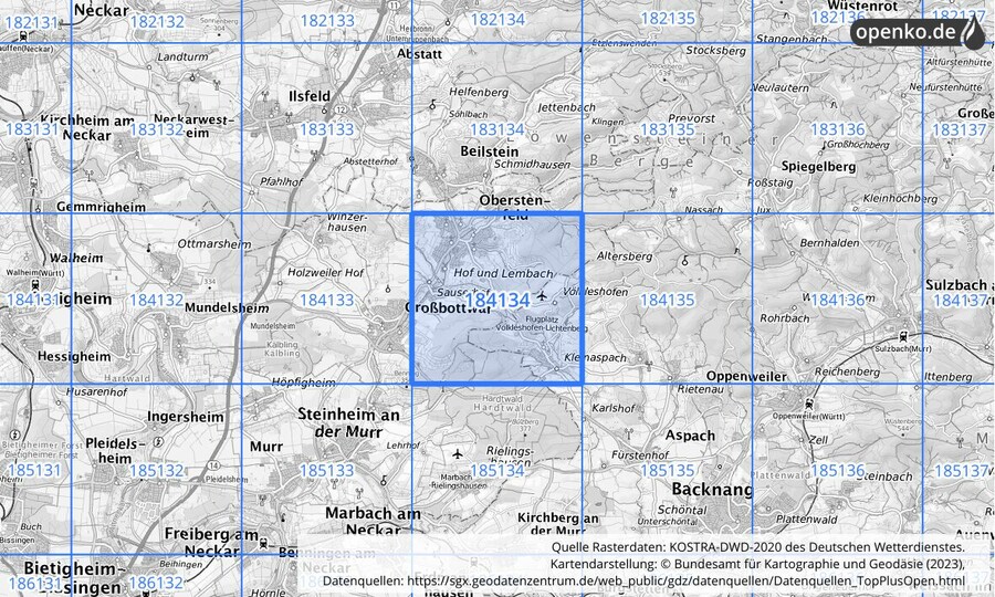 Übersichtskarte des KOSTRA-DWD-2020-Rasterfeldes Nr. 184134