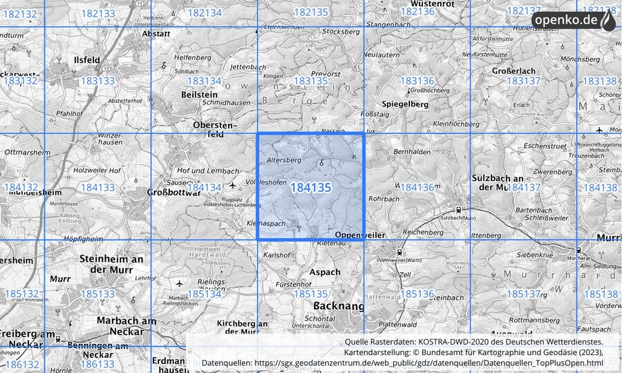 Übersichtskarte des KOSTRA-DWD-2020-Rasterfeldes Nr. 184135