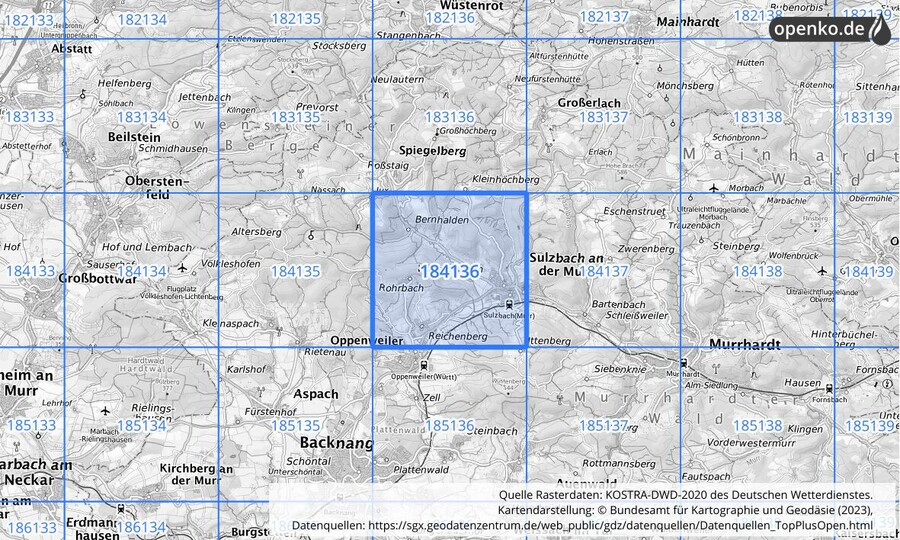 Übersichtskarte des KOSTRA-DWD-2020-Rasterfeldes Nr. 184136