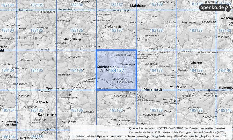 Übersichtskarte des KOSTRA-DWD-2020-Rasterfeldes Nr. 184137