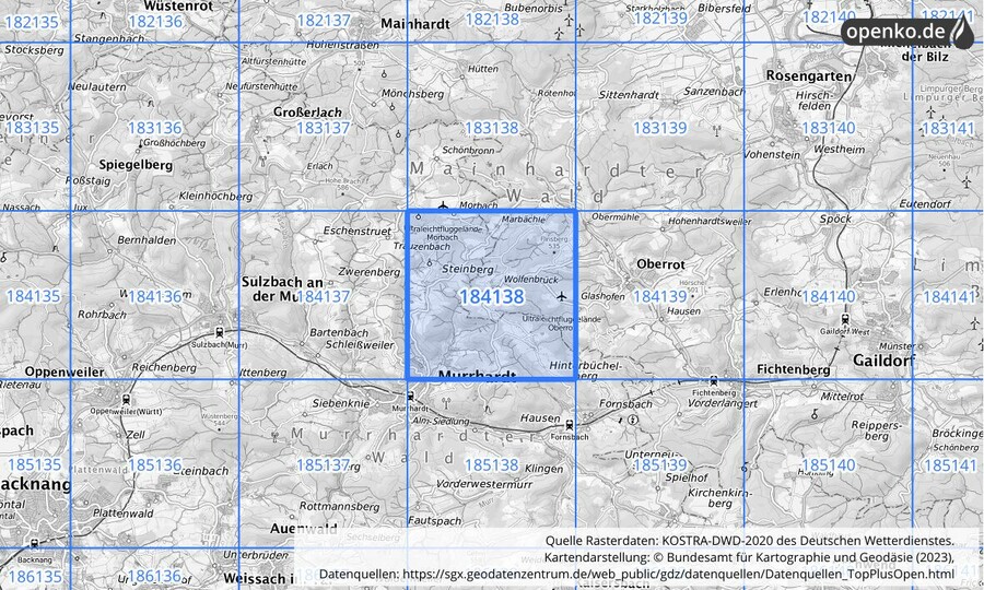 Übersichtskarte des KOSTRA-DWD-2020-Rasterfeldes Nr. 184138