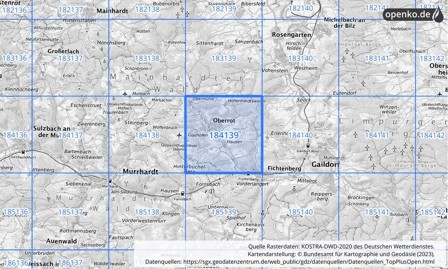 Übersichtskarte des KOSTRA-DWD-2020-Rasterfeldes Nr. 184139