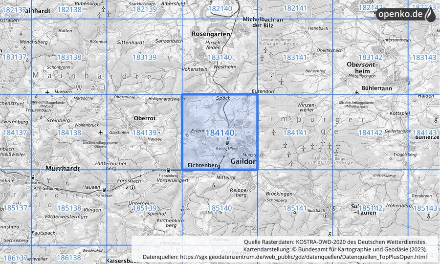 Übersichtskarte des KOSTRA-DWD-2020-Rasterfeldes Nr. 184140