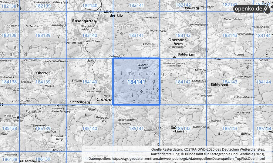 Übersichtskarte des KOSTRA-DWD-2020-Rasterfeldes Nr. 184141