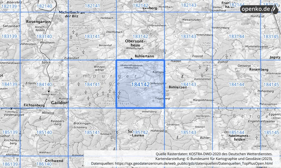 Übersichtskarte des KOSTRA-DWD-2020-Rasterfeldes Nr. 184142