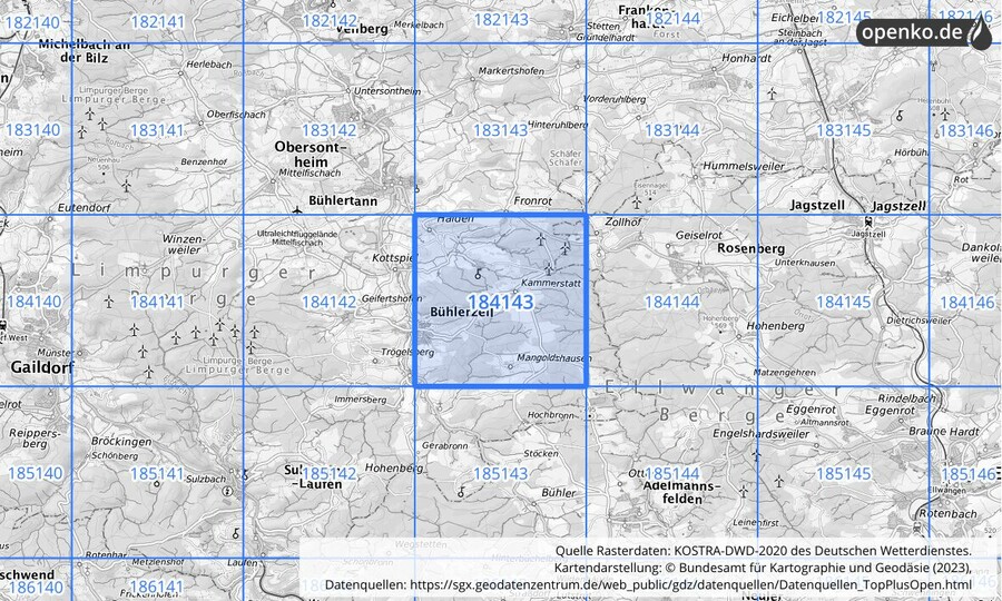 Übersichtskarte des KOSTRA-DWD-2020-Rasterfeldes Nr. 184143