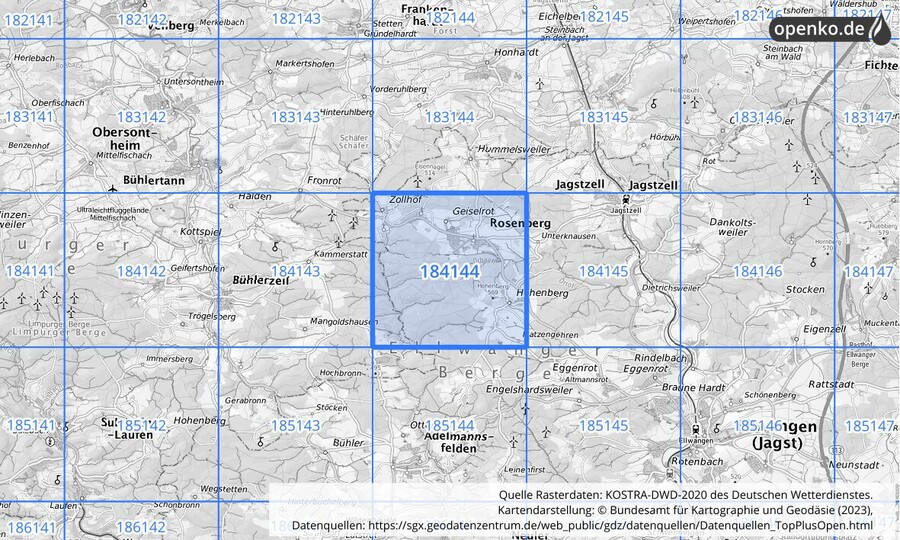 Übersichtskarte des KOSTRA-DWD-2020-Rasterfeldes Nr. 184144