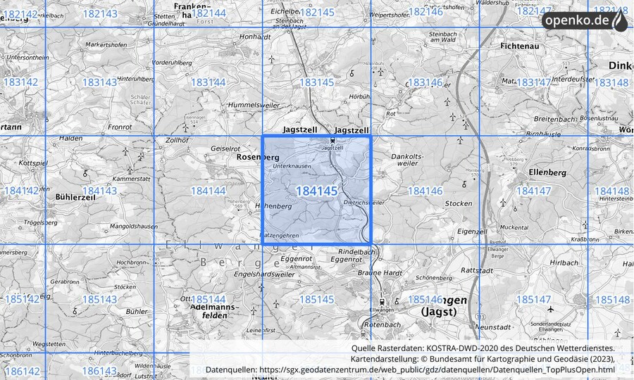 Übersichtskarte des KOSTRA-DWD-2020-Rasterfeldes Nr. 184145