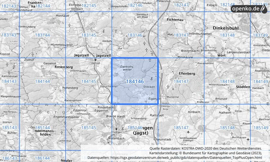 Übersichtskarte des KOSTRA-DWD-2020-Rasterfeldes Nr. 184146