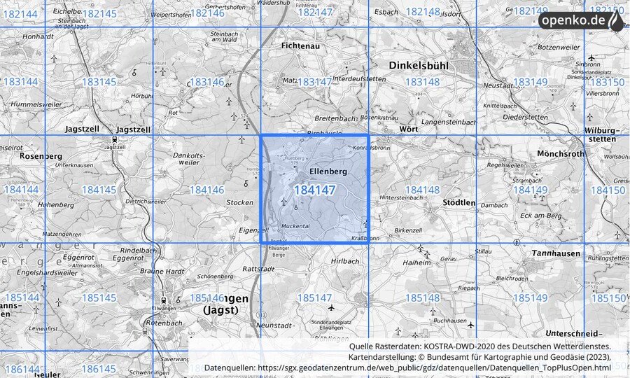 Übersichtskarte des KOSTRA-DWD-2020-Rasterfeldes Nr. 184147