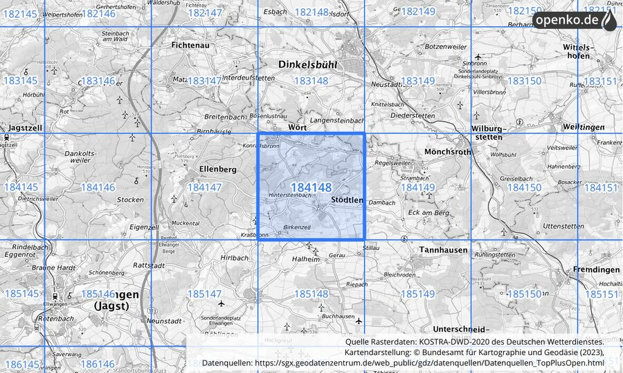 Übersichtskarte des KOSTRA-DWD-2020-Rasterfeldes Nr. 184148