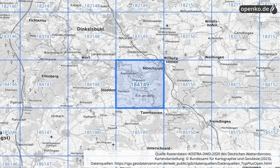 Übersichtskarte des KOSTRA-DWD-2020-Rasterfeldes Nr. 184149