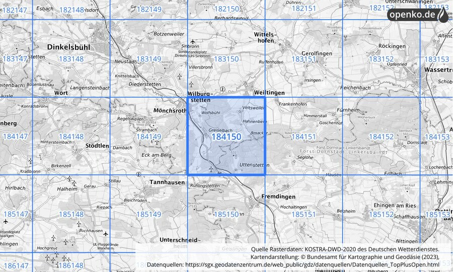 Übersichtskarte des KOSTRA-DWD-2020-Rasterfeldes Nr. 184150