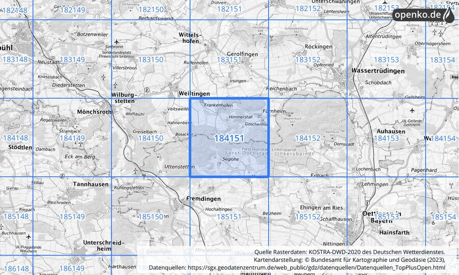 Übersichtskarte des KOSTRA-DWD-2020-Rasterfeldes Nr. 184151