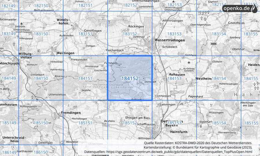 Übersichtskarte des KOSTRA-DWD-2020-Rasterfeldes Nr. 184152