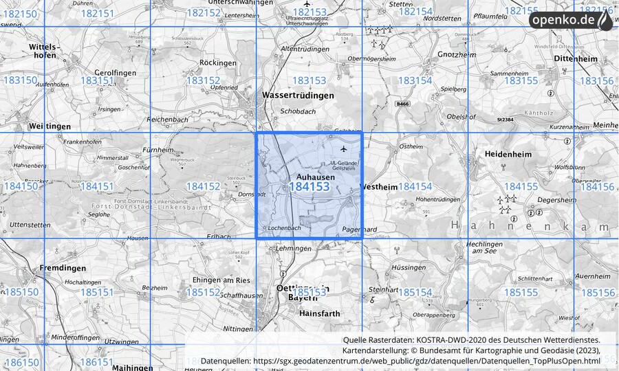 Übersichtskarte des KOSTRA-DWD-2020-Rasterfeldes Nr. 184153