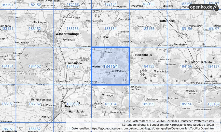 Übersichtskarte des KOSTRA-DWD-2020-Rasterfeldes Nr. 184154