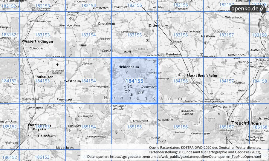 Übersichtskarte des KOSTRA-DWD-2020-Rasterfeldes Nr. 184155