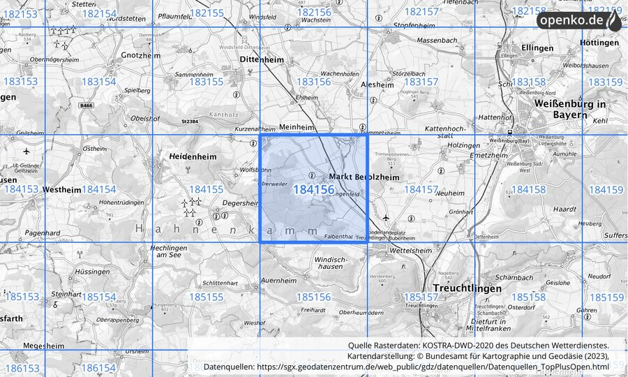 Übersichtskarte des KOSTRA-DWD-2020-Rasterfeldes Nr. 184156