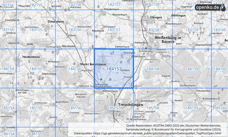 Übersichtskarte des KOSTRA-DWD-2020-Rasterfeldes Nr. 184157