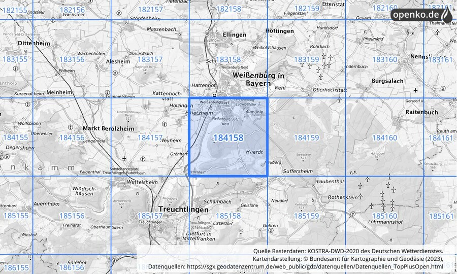 Übersichtskarte des KOSTRA-DWD-2020-Rasterfeldes Nr. 184158