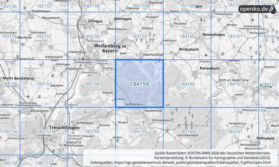 Übersichtskarte des KOSTRA-DWD-2020-Rasterfeldes Nr. 184159