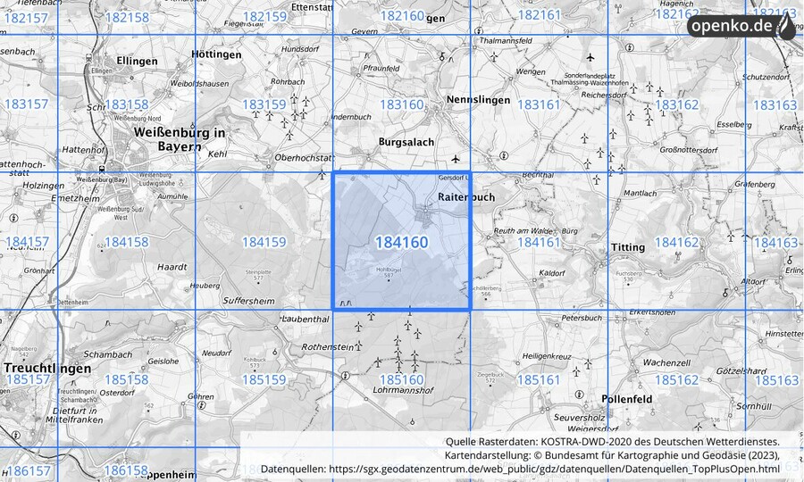 Übersichtskarte des KOSTRA-DWD-2020-Rasterfeldes Nr. 184160