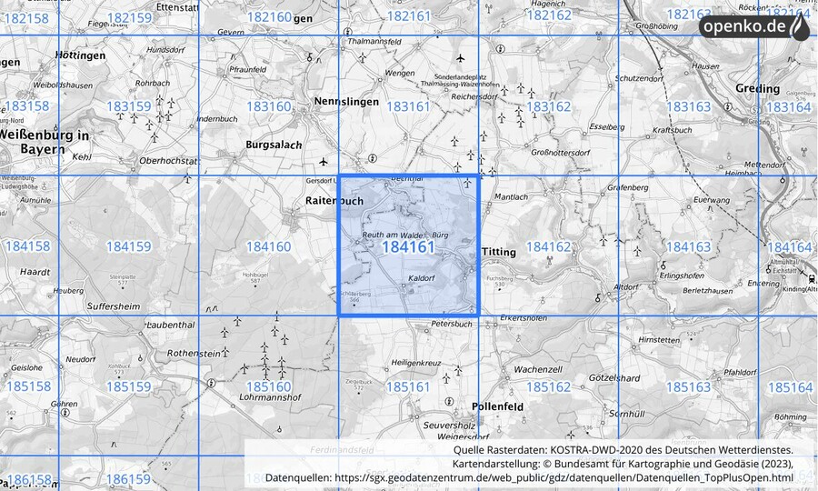 Übersichtskarte des KOSTRA-DWD-2020-Rasterfeldes Nr. 184161