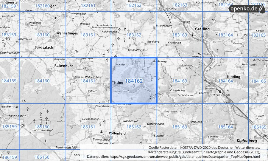 Übersichtskarte des KOSTRA-DWD-2020-Rasterfeldes Nr. 184162