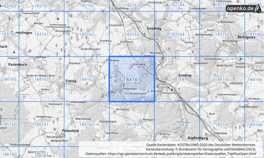 Übersichtskarte des KOSTRA-DWD-2020-Rasterfeldes Nr. 184163