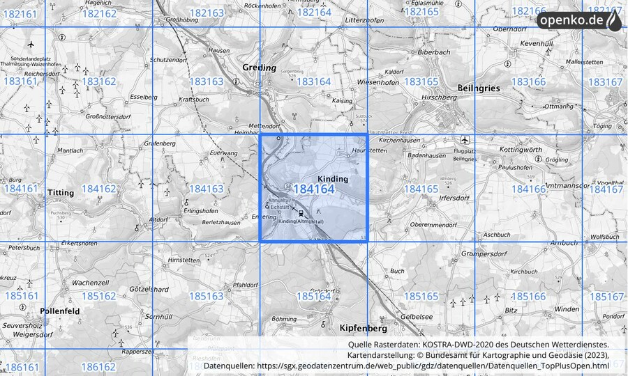 Übersichtskarte des KOSTRA-DWD-2020-Rasterfeldes Nr. 184164