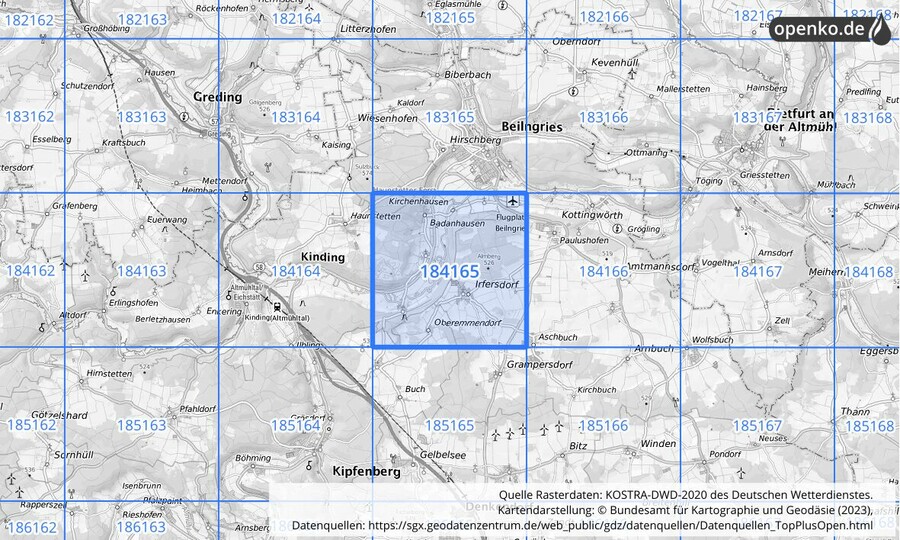 Übersichtskarte des KOSTRA-DWD-2020-Rasterfeldes Nr. 184165