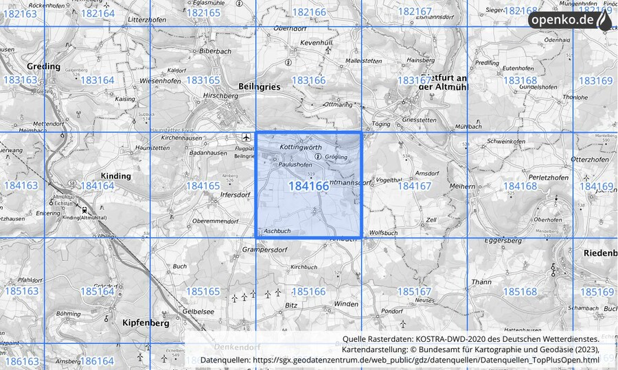 Übersichtskarte des KOSTRA-DWD-2020-Rasterfeldes Nr. 184166
