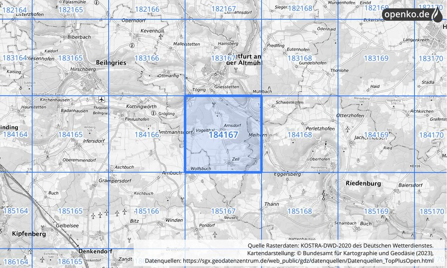 Übersichtskarte des KOSTRA-DWD-2020-Rasterfeldes Nr. 184167