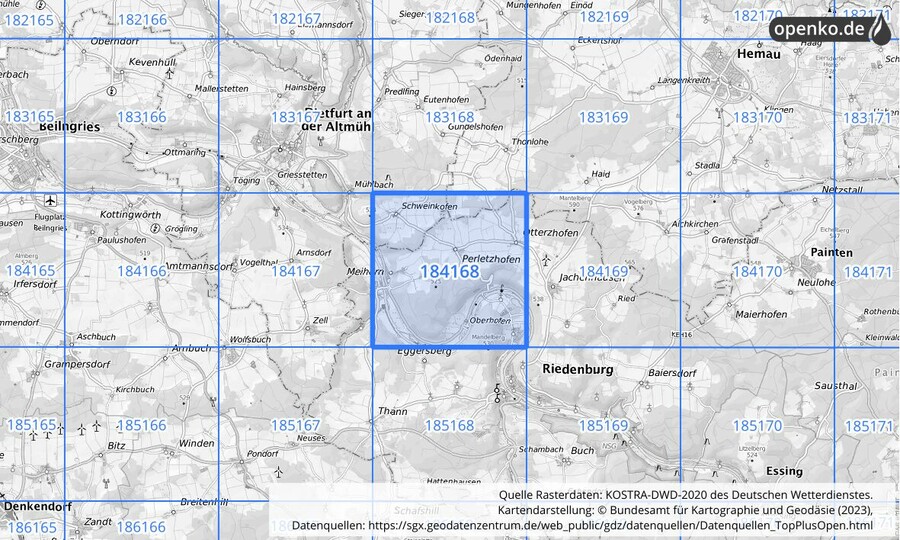 Übersichtskarte des KOSTRA-DWD-2020-Rasterfeldes Nr. 184168