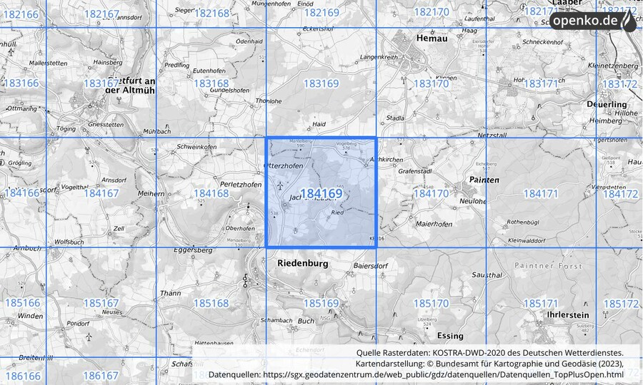 Übersichtskarte des KOSTRA-DWD-2020-Rasterfeldes Nr. 184169