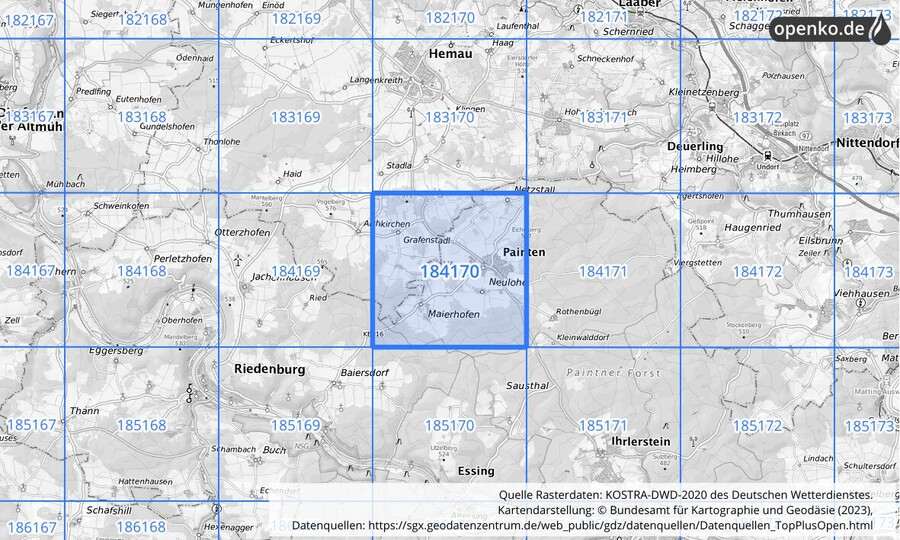 Übersichtskarte des KOSTRA-DWD-2020-Rasterfeldes Nr. 184170