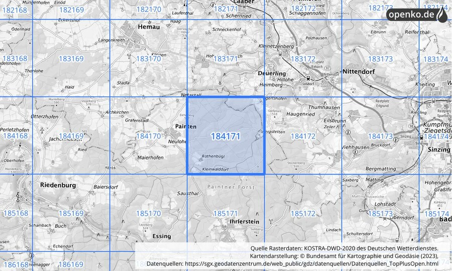 Übersichtskarte des KOSTRA-DWD-2020-Rasterfeldes Nr. 184171