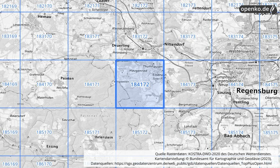 Übersichtskarte des KOSTRA-DWD-2020-Rasterfeldes Nr. 184172